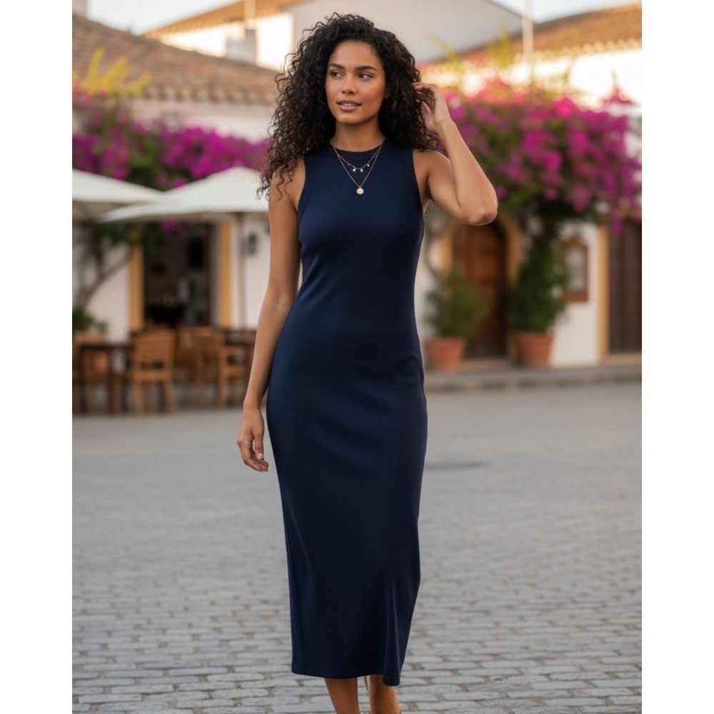 RicherPoorer Vintage Rita Ribbed Maxi Dress Women's S Blue Minimalist